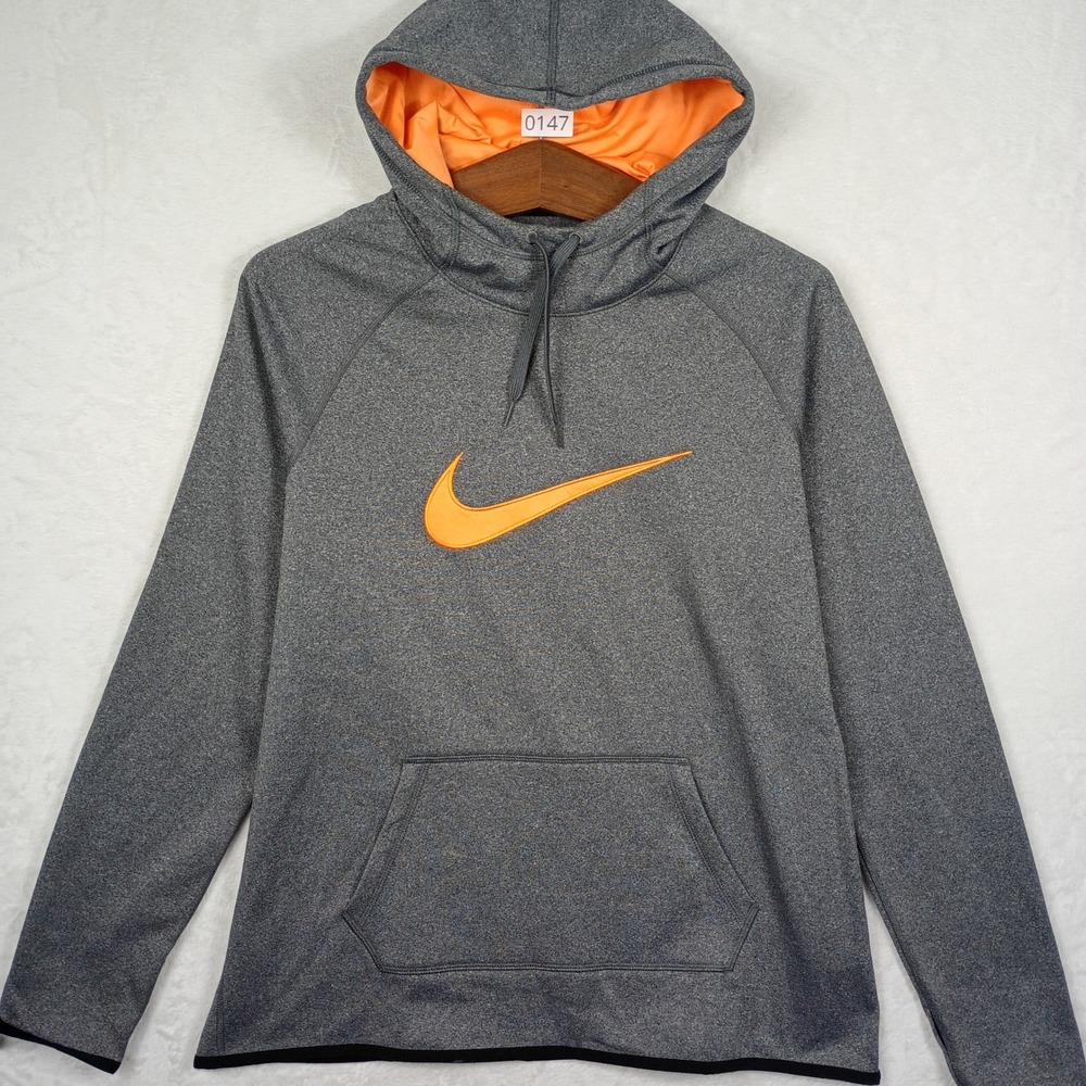 Nike‎ Dri-FIT Mens Hoodie Gray Orange Swoosh Pullover Training Sweatshirt L